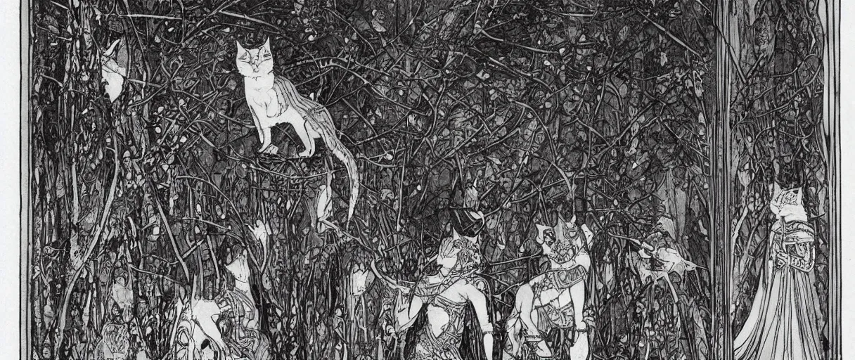 Prompt: A beautiful illustration of a civilization of anthropomorphic Feline warriors by Harry Clarke | Graphic Novel, Visual Novel, Colored Pencil, Comic Book:.3 | unreal engine:.5 | establishing shot