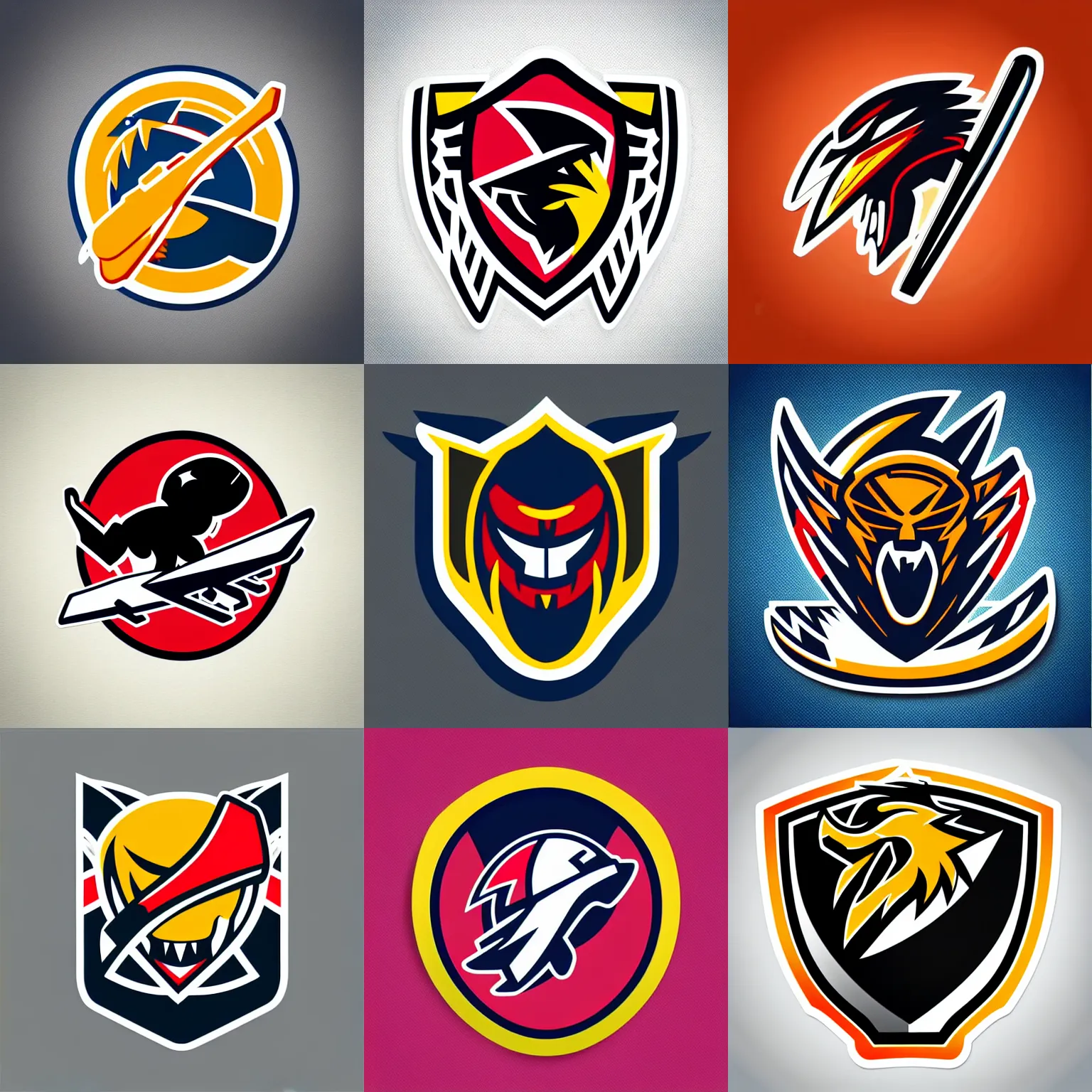 Prompt: “hockey team logo, fighter jet mascot with vicious detailing, flying swoosh, full body mascot, sticker, highly detailed, colorful, illustration, smooth and clean vector curves, no jagged lines, low noise, vector art, logo”