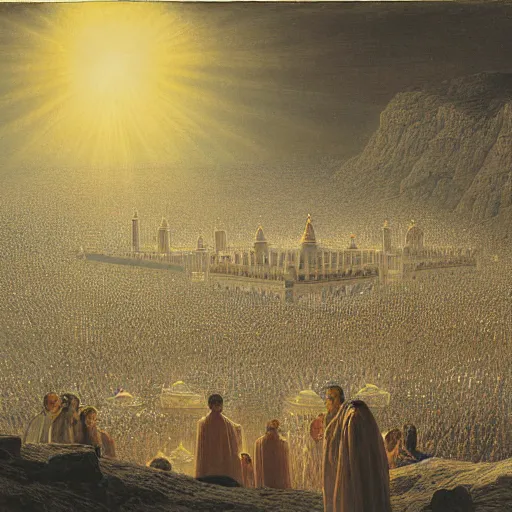 Image similar to painting of mecca on hajj day, highly detailed, volumetric lighting, god rays, by gustave dore and john collier