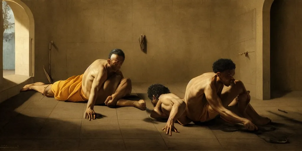 Image similar to beautiful oil matte painting, men in solitary confinement in caribbean jail, wonderful masterpiece highly detailed, beautiful cinematic light deep focus, elegant, digital painting, smooth, sharp focus, golden ratio, dramatic illumination, ultra realistic, 8 k, art by artemisia lomi gentileschi and caravaggio