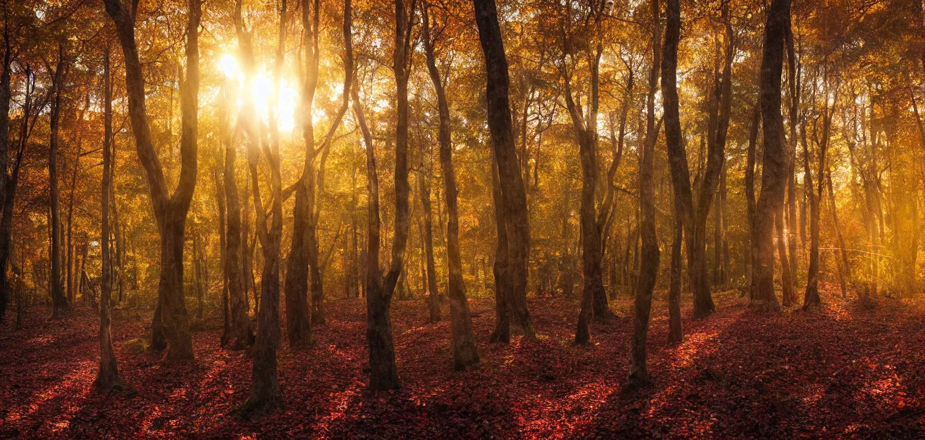 Prompt: bodyscapes. intense promiseful happiness, autumn sunrise warm hdri forest light