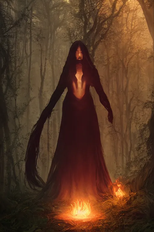 Image similar to a fancy illustrated portrait of a beautiful dark mage performing a ritual deep in the forbidden forest by Greg Rutkowski, Sung Choi, Mitchell Mohrhauser, Maciej Kuciara, Johnson Ting, Maxim Verehin, Peter Konig, final fantasy , mythical, 8k photorealistic, cinematic lighting, HD, high details, atmospheric,