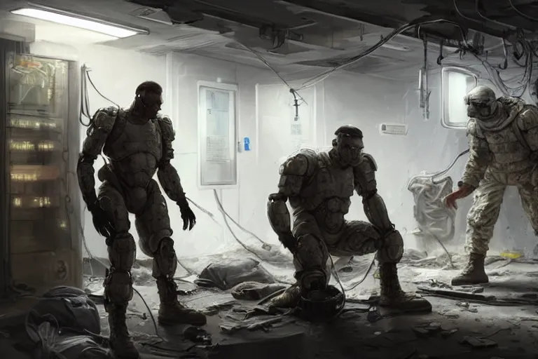 Prompt: Ultra realistic illustration, a hefty damaged male soldier cyborg being patched up in a run down underground military medical bay with medical equipment hanging from ceiling, holographic display panels in background, rugged face, muscle body with battle scars, cyberpunk, sci-fi, fantasy, intricate, elegant, highly detailed, digital painting, artstation, concept art, smooth, sharp focus, illustration, dramatic lighting, art by Syd Mead and Giger