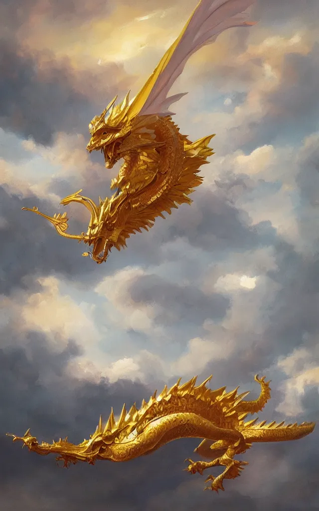 Image similar to pablo carpio's painting of a golden dragon in clouds, coloured