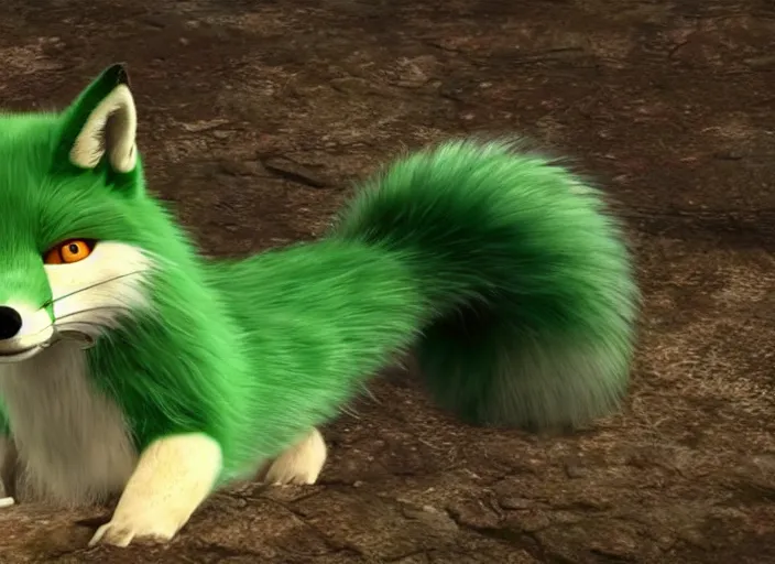 Image similar to muxy logo, nine tail bluish green fox, movie still, 8 k, realistic