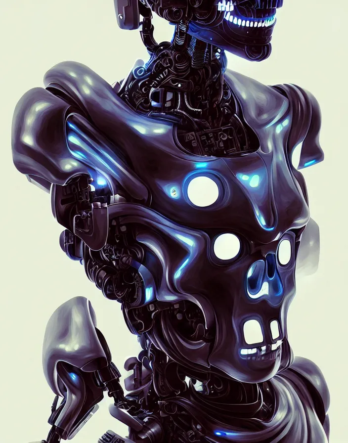 Image similar to skull - headed robot cyborg painting, illutstration, concept art, cyberpunk, futurism, comics art, artgerm, full body shot, wide angle