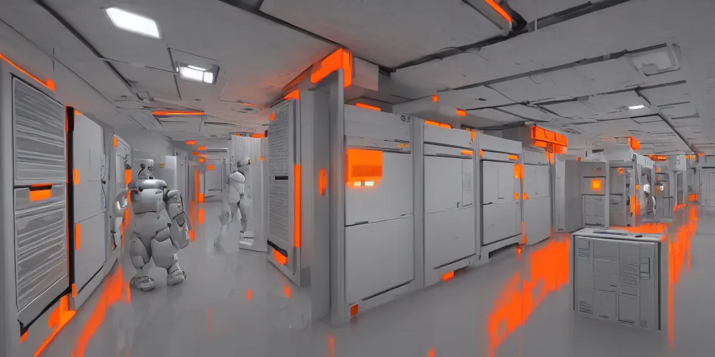 Image similar to parallax datacenter server room white - orange robocowboy in artstation