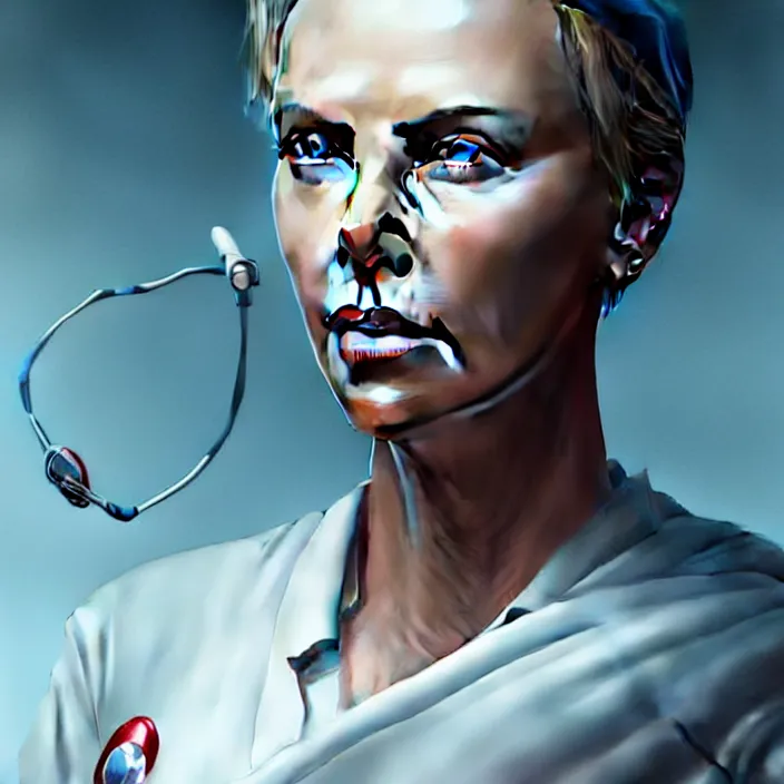 Image similar to portrait of charlize theron as a nurse. intricate abstract. intricate artwork. by tooth wu, wlop, beeple, dan mumford. octane render, trending on artstation, greg rutkowski very coherent symmetrical artwork. cinematic, hyper realism, high detail, octane render, 8 k, iridescent accents