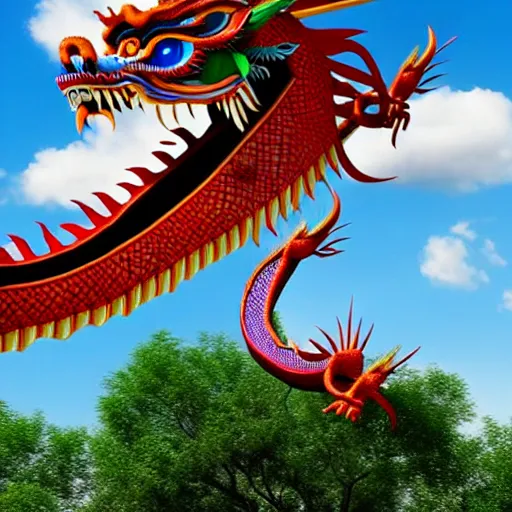 Image similar to people watching a chinese dragon flying in the sky, hyperrealistic, 3 d