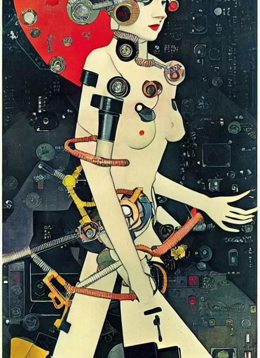 Image similar to cute punk goth fashion fractal mecha girl wearing a television tube helmet and kimono made of circuits and leds, surreal Dada collage by Man Ray Kurt Schwitters Hannah Höch Alphonse Mucha Beeple