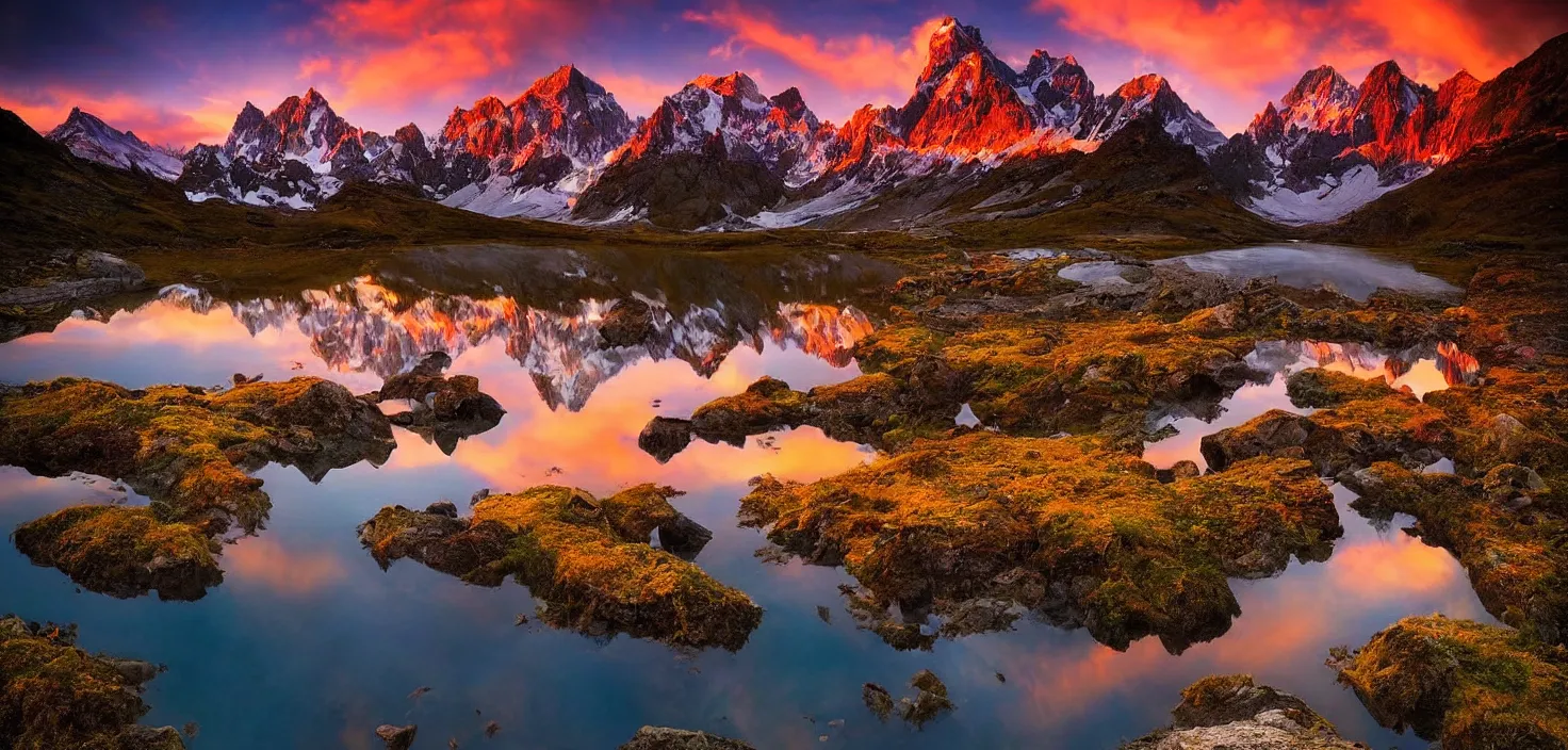 Image similar to amazing landscape photo of mountains with lake in sunset by marc adamus, beautiful dramatic lighting