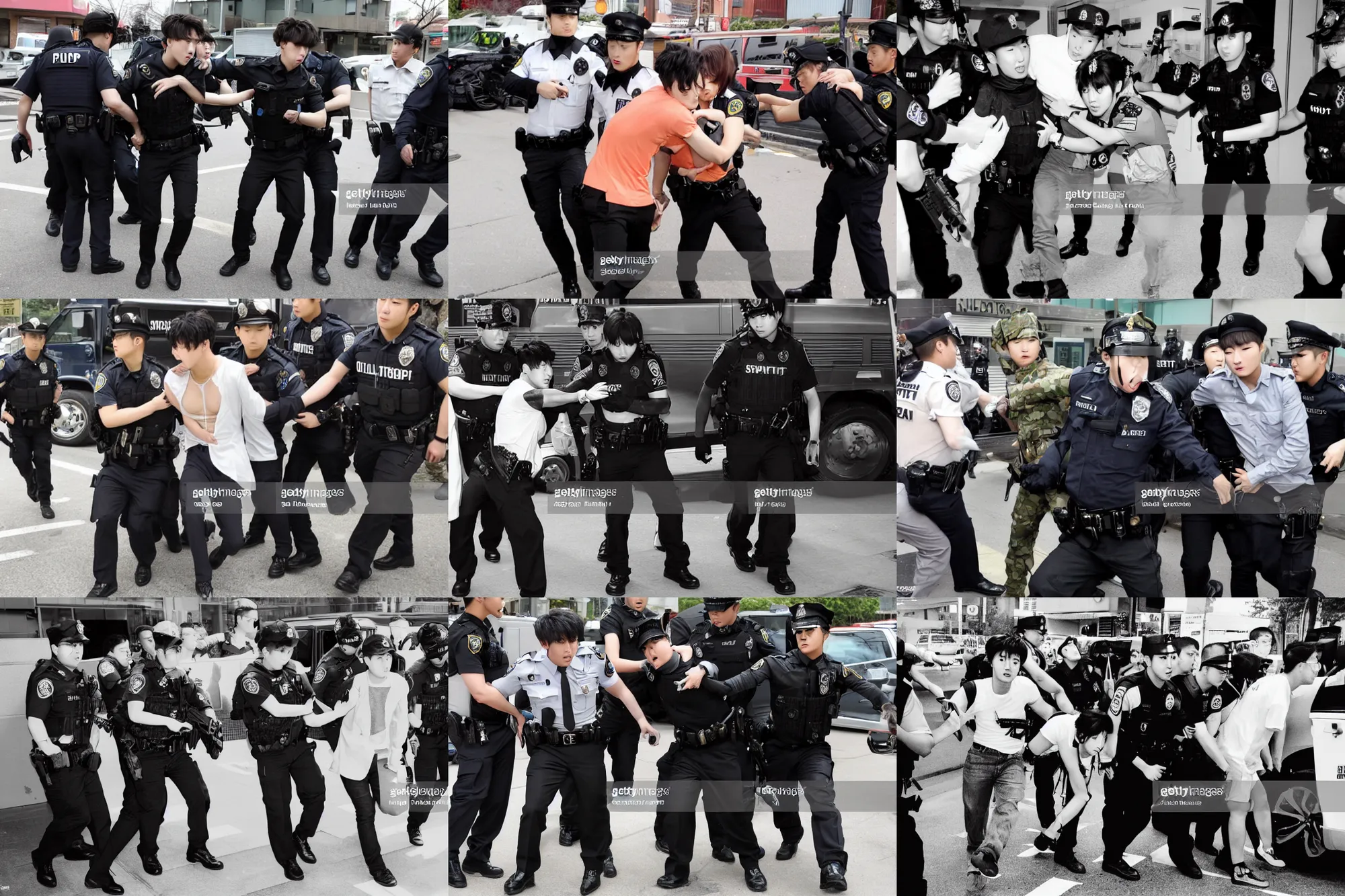 Prompt: news photo of a kpop idol being arrested by swat and charged for obtaining illegal nukes