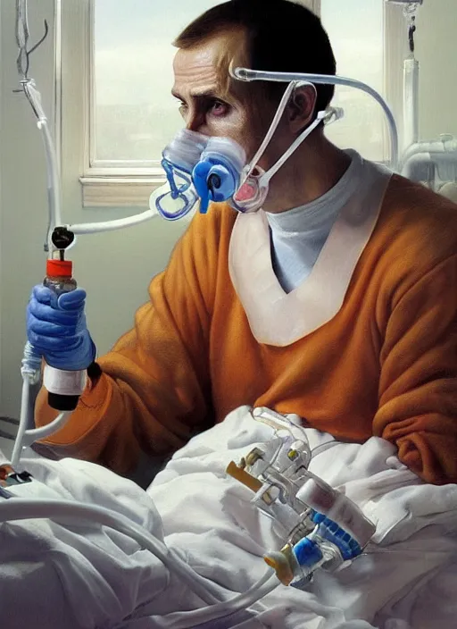 Prompt: a super very hyperrealistic oil painting of ill Vladimir Putin as a patient wearing an oxygen mask on a death bed inhaling from Copium tank that stand near his bed, visible face, by Laurie Greasley, Lawrence Alma-Tadema, Dan Mumford, artstation, deviantart, FAN ART, full of color, Digital painting, face enhance, highly detailed, 8K, octane, golden ratio, cinematic lighting