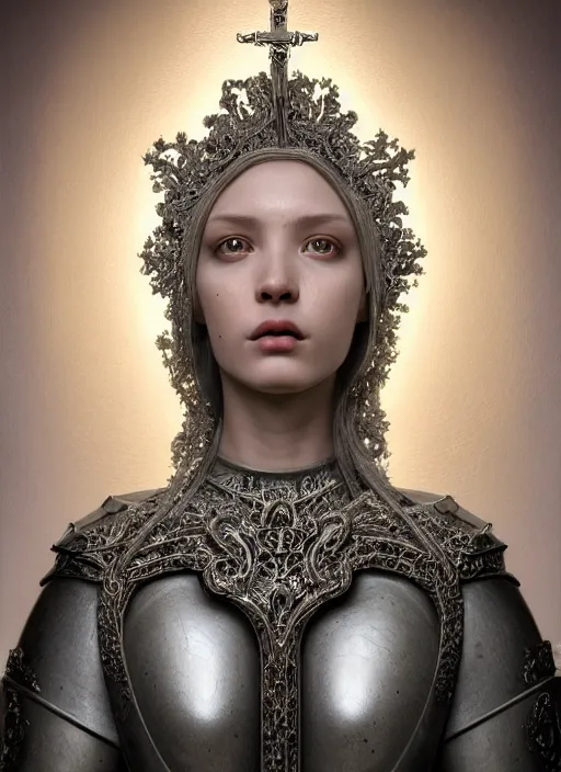 Image similar to hyperrealistic mixed media portrait of a beautiful female holy cleric, stunning 3d render inspired art by Mark Ryden + perfect facial symmetry + dim volumetric lighting, ornate silver gothic armor, swirling radiant energy, 8k octane beautifully detailed render, post-processing, extremely hyperdetailed, intricate, epic composition, grim yet sparkling atmosphere, cinematic lighting + masterpiece, trending on artstation, Art Nouveau