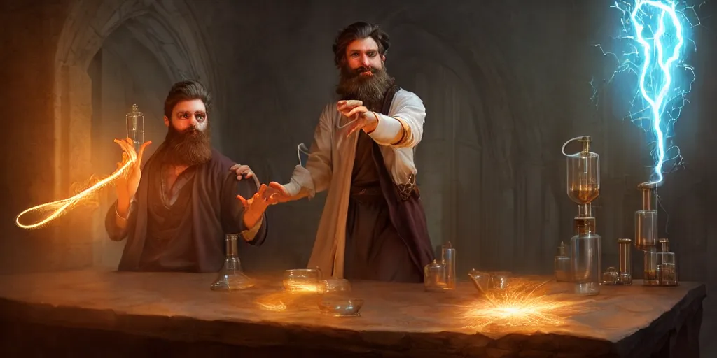 Prompt: a handsome bearded caucasian male sorcerer with brown hair he is casting a spell with flowing energy, he is in a alchemist lab filled with beakers and equipment, neutral pose, epic composition, 4 k, light rays, super coherent, by dave melvin 2. 0 | dan luvisi 1. 0 | greg rutkowski 0. 5