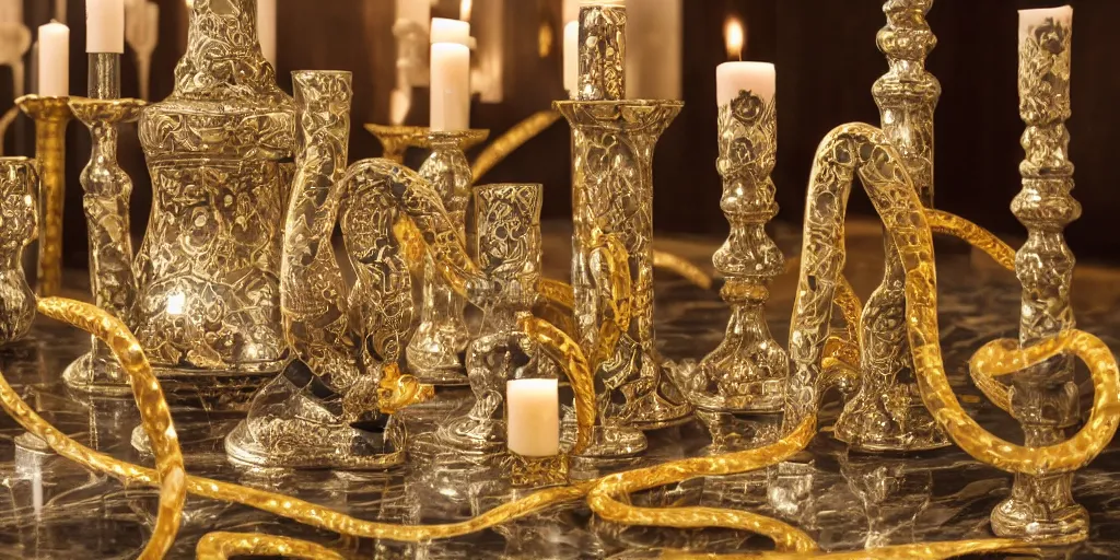 Prompt: snake with gold and silver pattern on a marble floor, candles and intricate candlesticks, by Andres Rios, H 576