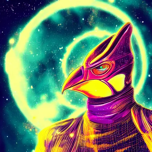 Image similar to portrait from a avian alien species, synthwave, universe background, nebula, galaxy, artstation