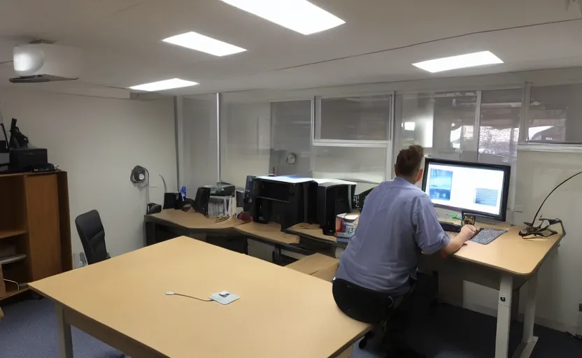 Prompt: looking over a man sitting by desk talking into tannoy system. low lit radio booth, one single lamp, keyboard, door to lab, sweaty. strange