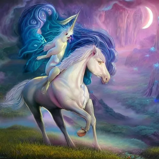 Image similar to A stunningly beautiful mystical unicorn :: hyperdetailed :: hyper realistic :: art by Walt Disney :: in the style of Fantasy Art
