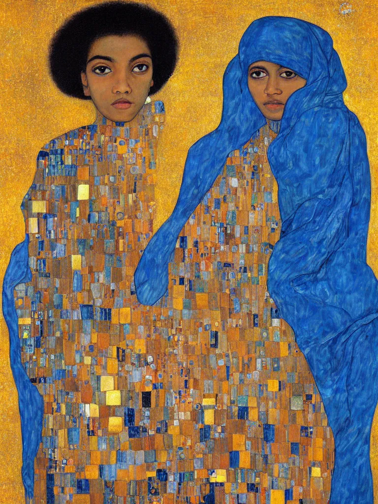 Image similar to a beautiful portrait painting of mahad magandi in front of the whole world united in the art style of Gustav Klimt, impasto oil painting, blue and golden color scheme