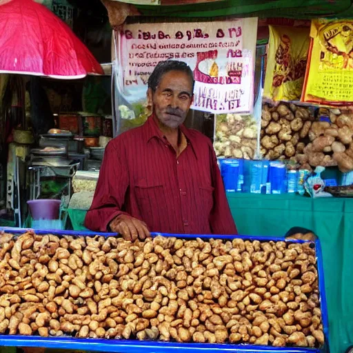 Prompt: photo of dee's nuts. nut seller stand in a bazaar