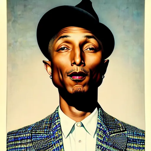 Image similar to pharrell williams by gil elvgren and norman rockwell and rob gonsalves and hajime sorayama, hyperrealistic, high detail, ultra detailed, highly detailed face, ruffled fabric