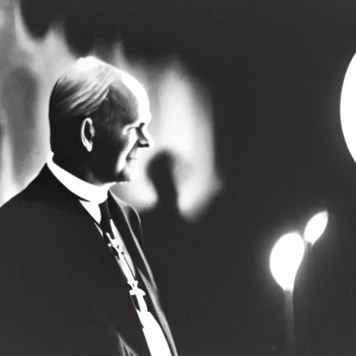 Prompt: photograph of john paul ii in black clothes staring at a big glowing christian cross, night, pitch black