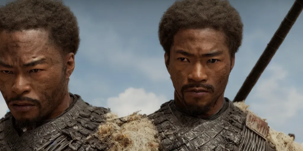 Image similar to a film still of a black man starring in a japanese blockbuster film as ancient samurai, intense, shallow depth of field, cinematic, award winning cgi, vfx, film still
