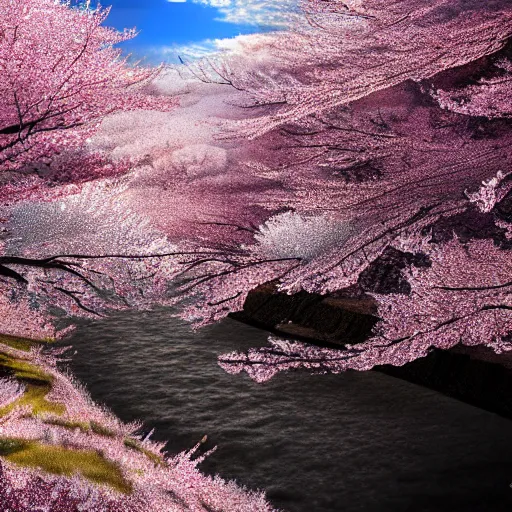 Prompt: Snowy mountain covered in cherry blossom trees , hd, intricate, hyper detailed, award winning, beautiful, 8k, digital art, surreal