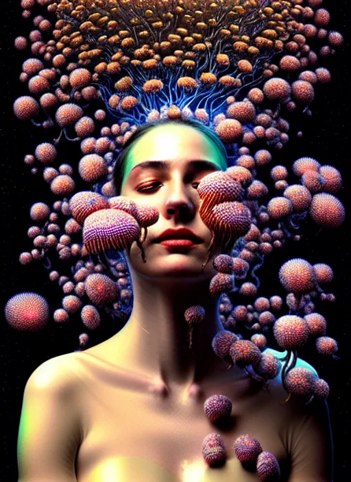 Image similar to hyper detailed 3d render like a Oil painting - Aurora (Singer) Eats of the Strangling Fruit of penance open eyes and Her Hands full of gossamer polyp blossoms bring iridescent fungal flowers whose spores black the foolish stars by Jacek Yerka, Mariusz Lewandowski, Houdini algorithmic generative render, Abstract brush strokes, Masterpiece, Edward Hopper and James Gilleard, Zdzislaw Beksinski, Mark Ryden, Wolfgang Lettl, hints of Yayoi Kasuma, octane render, 8k