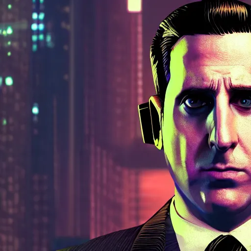 Prompt: cyberpunk Michael Scott from The Office, cibercity, vibrant, 70mm photography, Red camera, wide shot, dramatic lighting, hyperrealistic, high quality, highly detailed, artstation, HD, cinematic, unreal engine, facial accuracy, symmetrical