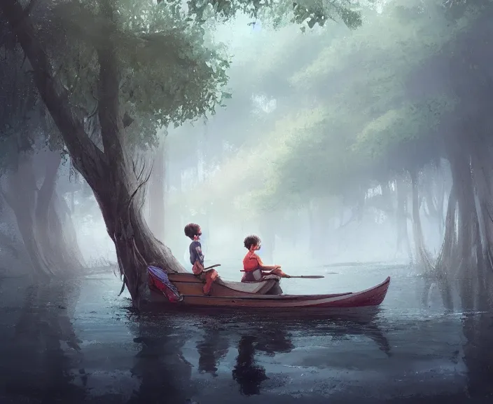 Image similar to a boy and a girl paid sitting together romantically on a long rowboat, girl is leaning on boy’s shoulder. Ripples, trees, shady, atmospheric lighting, details, sharp focus, illustration, by Jordan Grimmer and greg rutkowski, Trending artstation, pixiv, digital art