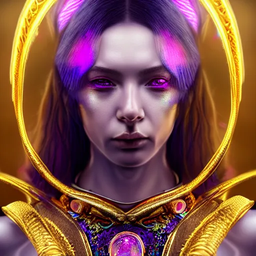 Prompt: hyperdetailed close portrait of a stunningly beautiful ukrainian girl androgynous wizard guard made of iridescent metals and shiny purple gems, bright rainbow nimbus, golden necklace, smoke background inspired by ross tran and masamune shirow and kuvshinov, concept art, intricate, photorealistic, octane render, rtx, hdr, unreal engine, dnd digital art by artgerm