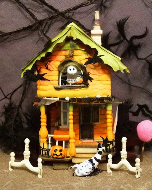 Prompt: photograph of a calico critter miniature toy cute halloween house