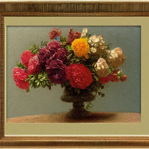 Image similar to Flower bouquet at table in the dinner room, soft light, Gustave Dore colored lithography.