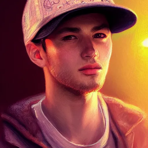 Prompt: portrait of tyler the crestor with baseball hat, staring directly into camera, intricate, elegant, glowing lights, highly detailed, digital painting, artstation, sharp focus, illustration, art by wlop, mars ravelo and greg rutkowski