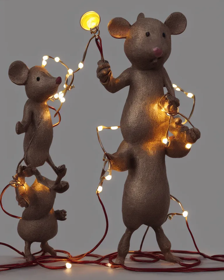 Prompt: a statue of a proud mouse standing on two legs and holding a round bell made of christmas lights and wire, trending on artstation, sigma 5 0, hyper realisitic