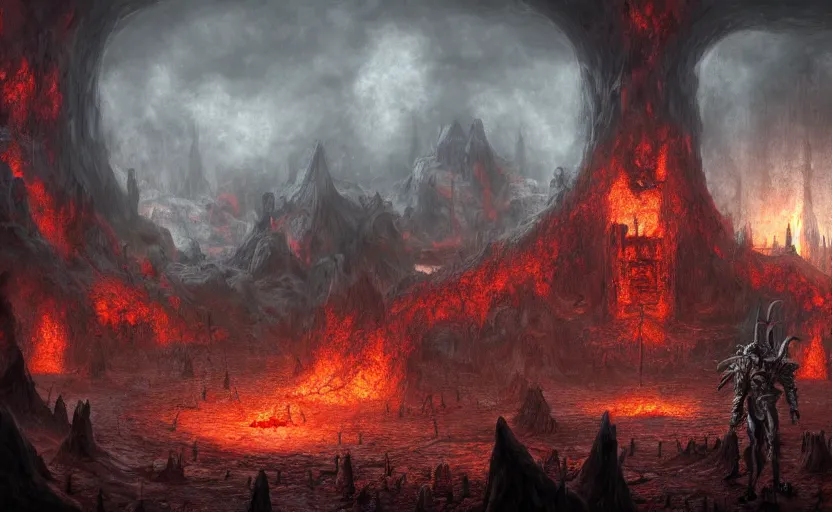 Image similar to a detailed matte painting of the most surreal haunting depiction of hell, in the style of doom eternal, dantes inferno, dark souls, trending on artstation, highly detailed, digital painting, concept art, unreal engine, 4 k wallpaper