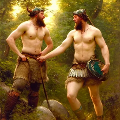 Image similar to 2 attractive male vikings frolicking in the forest. highly detailed painting by gaston bussiere, craig mullins, j. c. leyendecker, 8 k