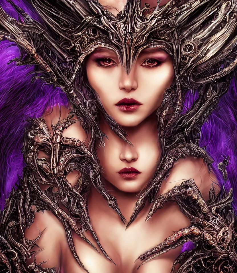 Image similar to close up portrait on the enchanting femenine queen of the zerg, hyper attractive, seductive, very complex, hyper-maximalist, overdetailed, legendary cinematic, darkfantasy, archetype with timeless beauty breathtaking eyes, her spider like legs spread evenly around her framing the image, collossal alien ship in the sky behind her, highly intricate, digital art, very elegant, HDR 8K, biblical art, realism, incomprehensible yet perspicious detail, unbeatable quality, silent hill aesthetic, photorealistic, lifelike, DSLR 8k, unbeatable coherency, Omnious intricate, octane render, created Nixeu & z--ed from deviantart