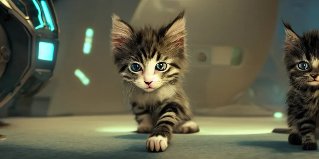Image similar to a 3 d rendered movie of a cute robot kitten. the robot has rgb lighting implants and it resembles a maine coon kitten. in the background is a cat tree ( cyberpunk ). dramatic lighting. science fiction blockbuster movie, imax 7 0 mm. octane 3 d render, style of mandalorian ( american space western television series )