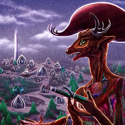 Image similar to 4 k headshot portrait of a psychedelic demonic anthropomorphic deer - horned wendigo smoking a hand - rolled cigarette smoking heavily, magic mushroom village in background. award winning. superb resolution. in the art style of junji ito and greg rutkowski. detailed mushroom city in background. hyper realistic anime. perfect art. dalle 2