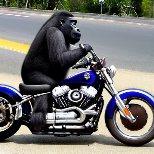 Image similar to gorilla on a Harley Davidson on the road, funny picture