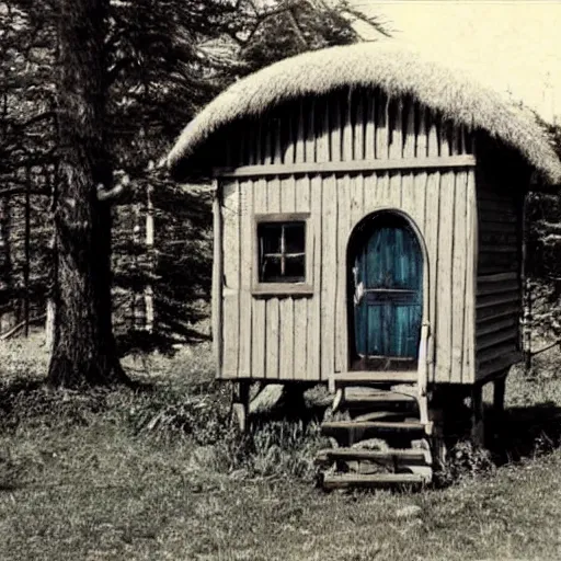 Image similar to A vintage photo of a witches hut with a witch standing on the Porch, 70s, vintage, old