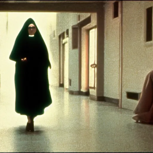 Image similar to a nun walking in the danvers state hospital. still from blade runner.