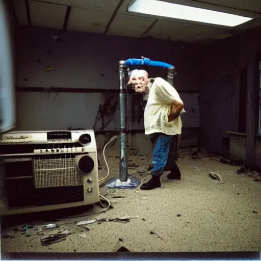 Image similar to In an decaying abandoned call centre office at night , A skinny old Man with a old television strapped to his back ,flexible industrial pipes join his ears and mouth to the television, fibres trial on the floor ,Kodak portra 400 volumetric lighting