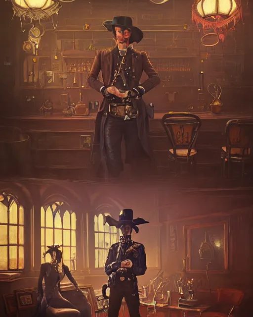 Image similar to highly detailed surreal vfx portrait of a steampunk cowboy in a gothic saloon, stephen bliss, unreal engine, greg rutkowski, loish, rhads, beeple, makoto shinkai and lois van baarle, ilya kuvshinov, rossdraws, tom bagshaw, alphonse mucha, global illumination, detailed and intricate environment