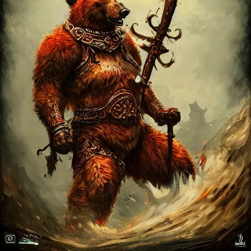 Image similar to Anthropomorphized Roaring Bear in full armor carrying big Axe, full body, menacing pose, concept art, insanely detailed and intricate, hypermaximalist, elegant, ornate, hyper realistic, super detailed, tribal red atmosphere, Art Deco, cinematic, trending on artstation, magic the gathering artwork