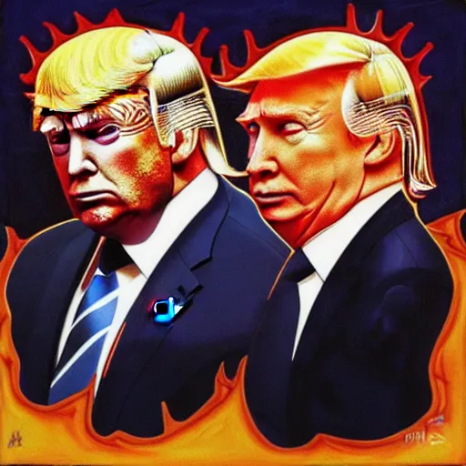 Image similar to portrait of donald trump and putin, evil looking, sharp teeth, in the style of benoit b. mandelbrot