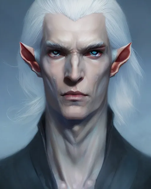 Prompt: character portrait of a slender half elven man with white hair, piercing blue eyes, and pale bluish skin, by greg rutkowski, mark brookes, jim burns, tom bagshaw, trending on artstation